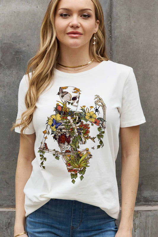 Flower Skeleton Graphic Round Neck Short Sleeve T-Shirt