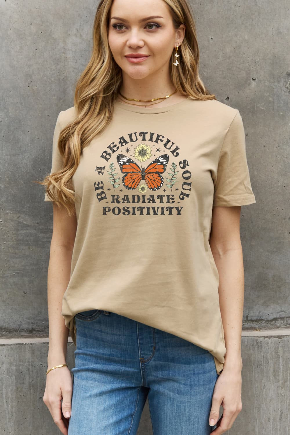 Be A Beautiful Soul Radiate Positivity Graphic Round Neck Short Sleeve T-Shirt