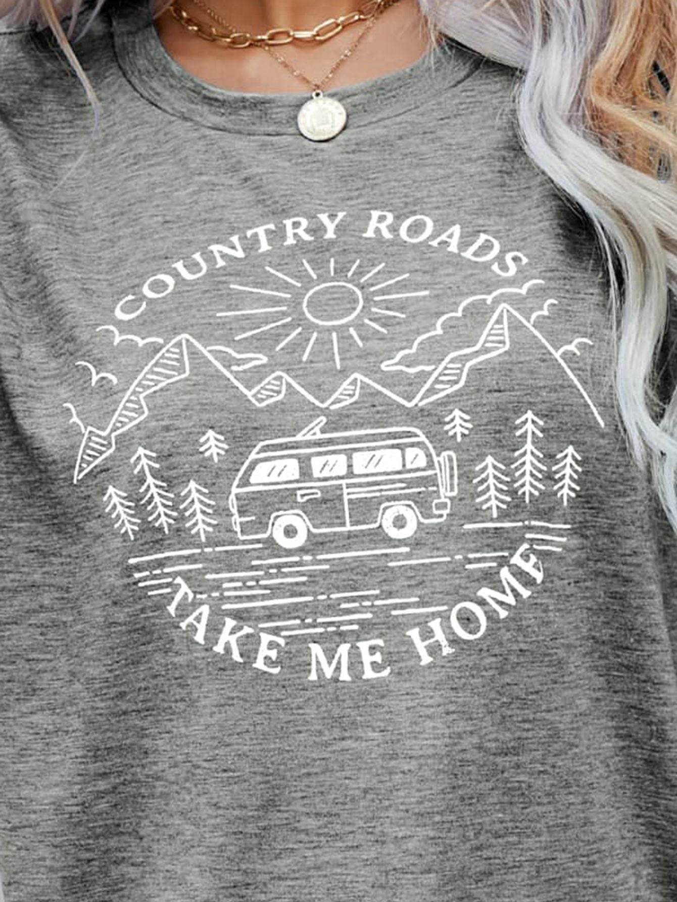 Country Roads Take Me Home Graphic Round Neck Short Sleeve T-Shirt