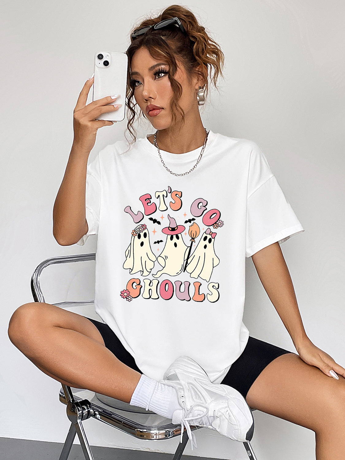 Let's Go Ghouls Graphic Round Neck Short Sleeve T-Shirt