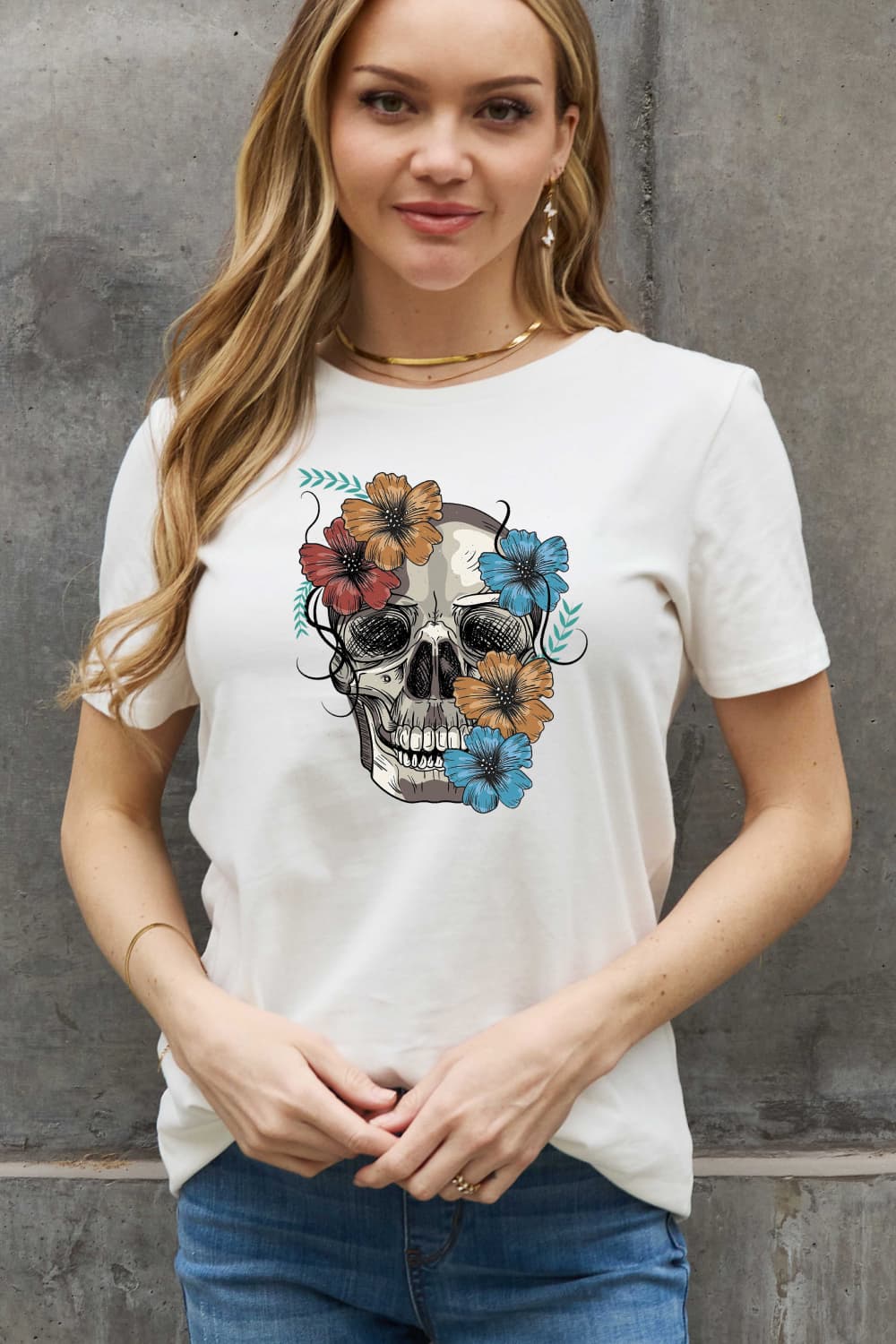 Flower Skull Graphic Round Neck Short Sleeve T-Shirt