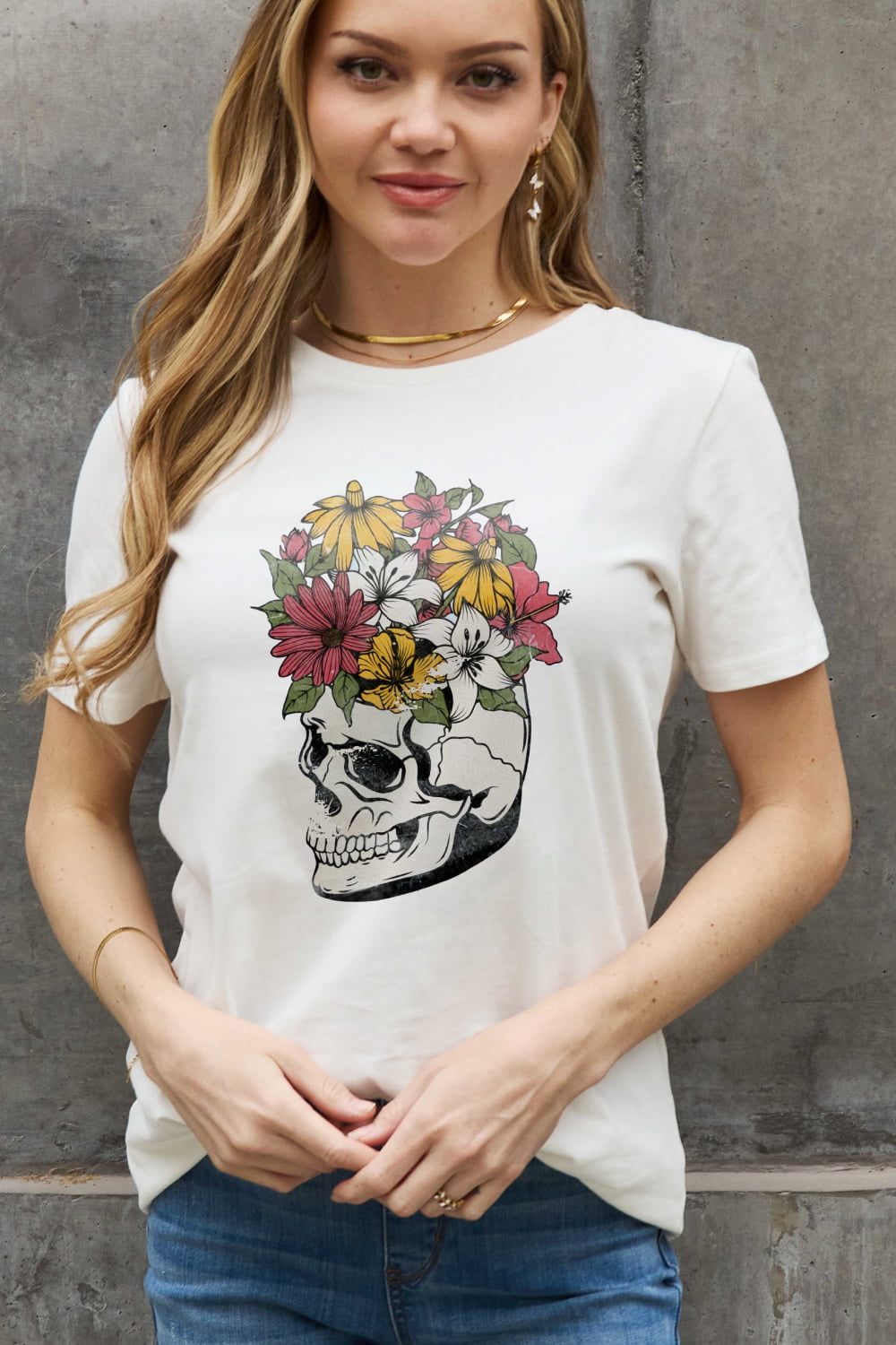 Flower Skull Graphic Round Neck Short Sleeve T-Shirt