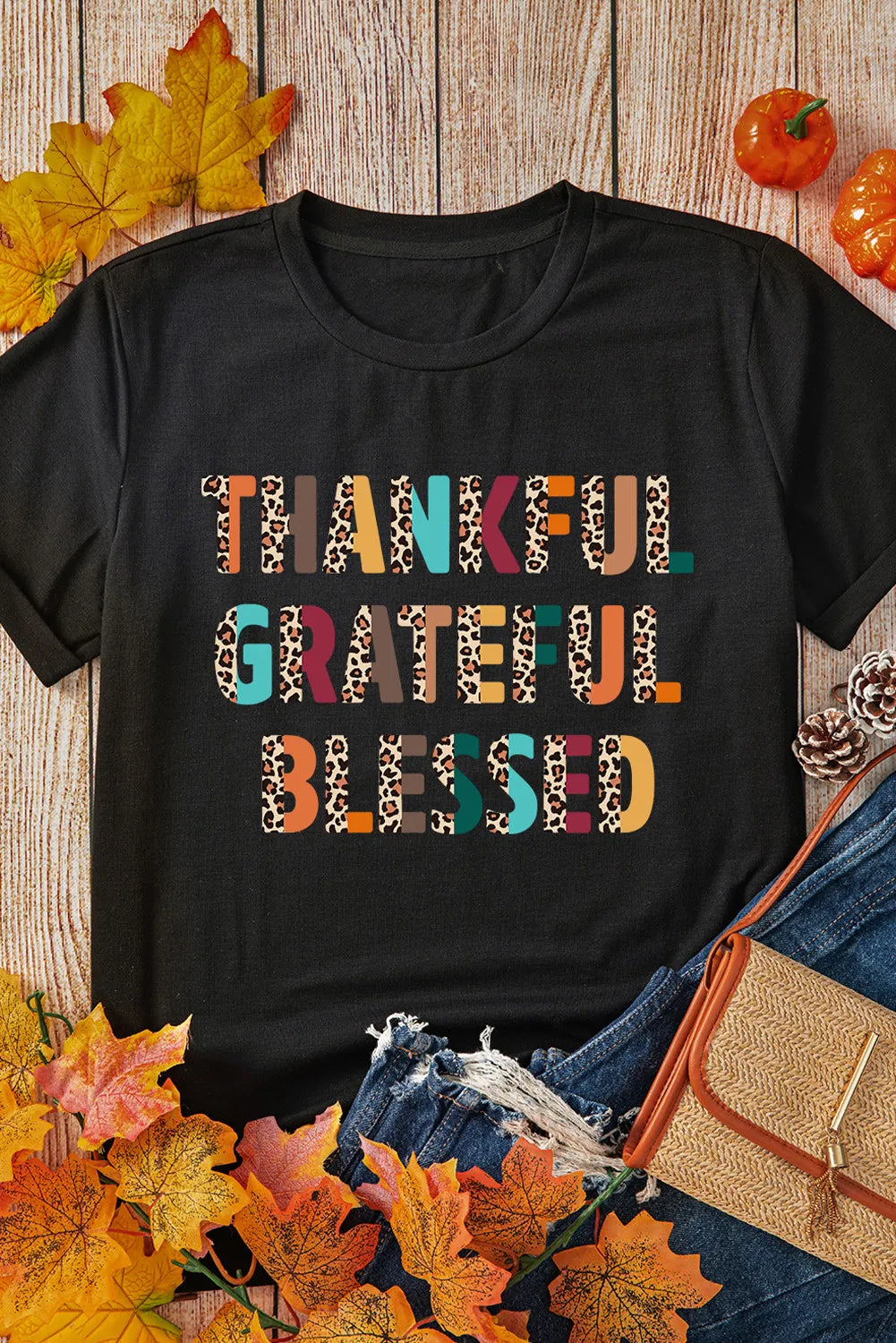 Thankful Grateful Blessed Letter Graphic Round Neck Short Sleeve T-Shirt