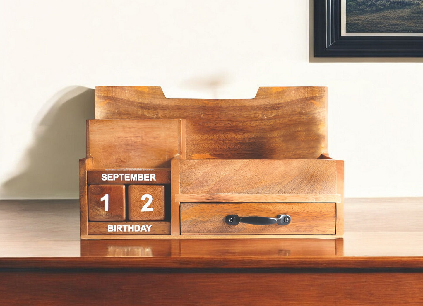 Rustic Wooden Desk Organizer with Calendar and Storage Drawer