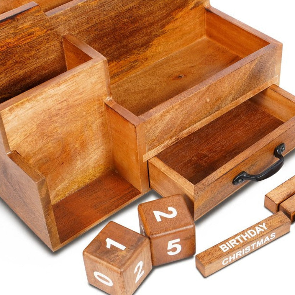 Rustic Wooden Desk Organizer with Calendar and Storage Drawer