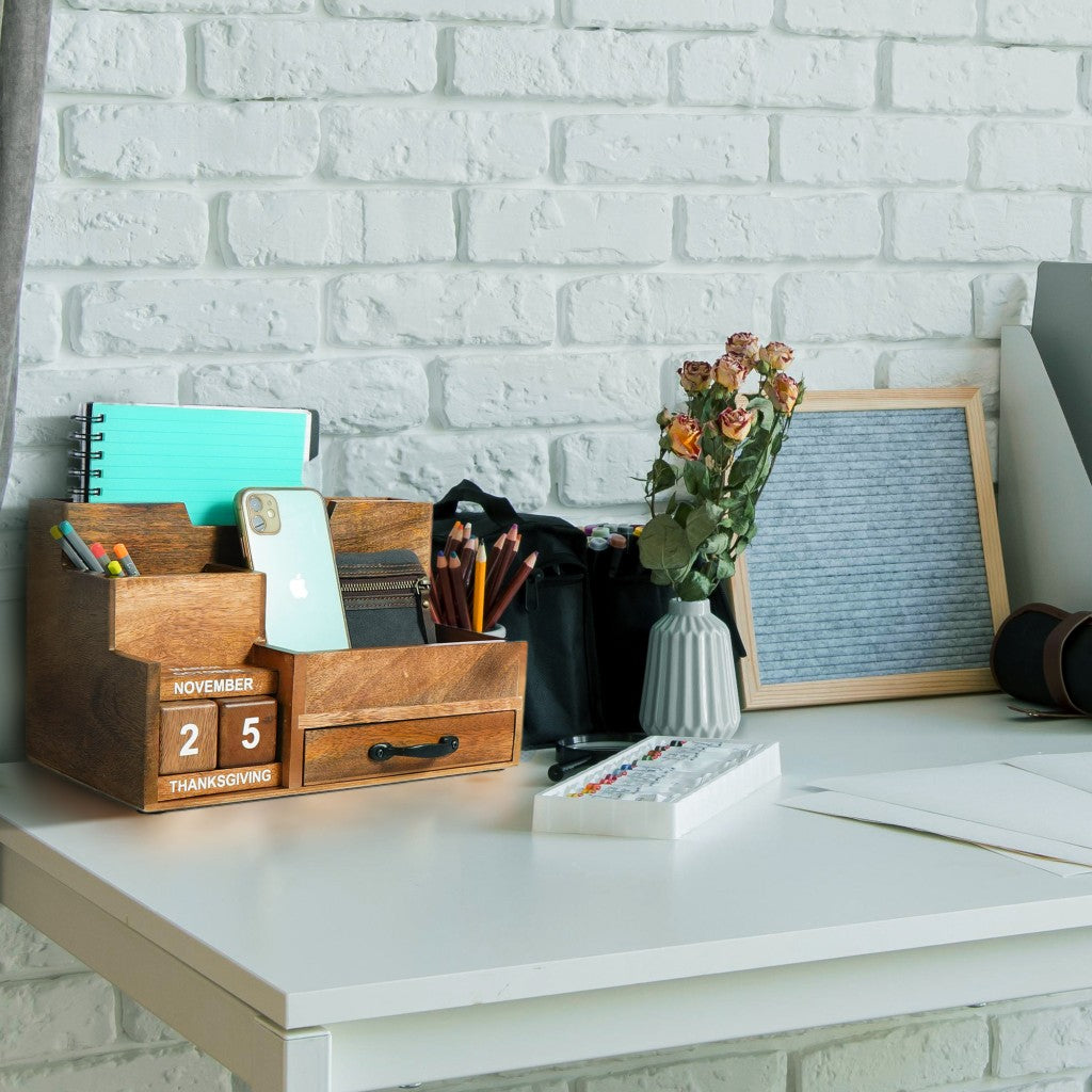 Rustic Wooden Desk Organizer with Calendar and Storage Drawer