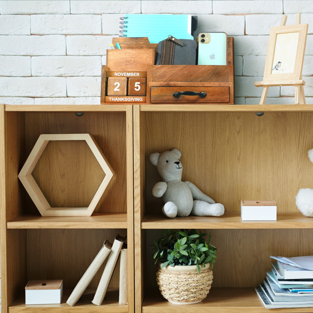 Rustic Wooden Desk Organizer with Calendar and Storage Drawer