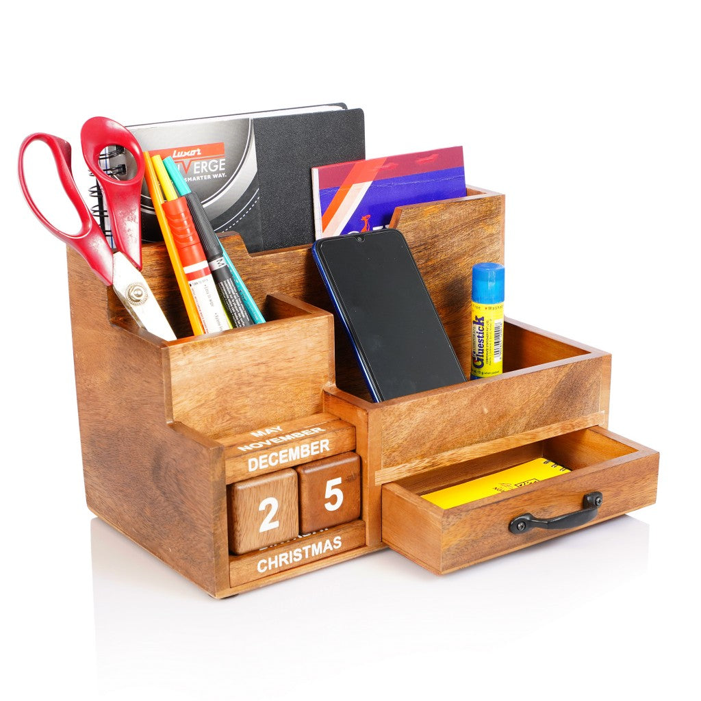 Rustic Wooden Desk Organizer with Calendar and Storage Drawer