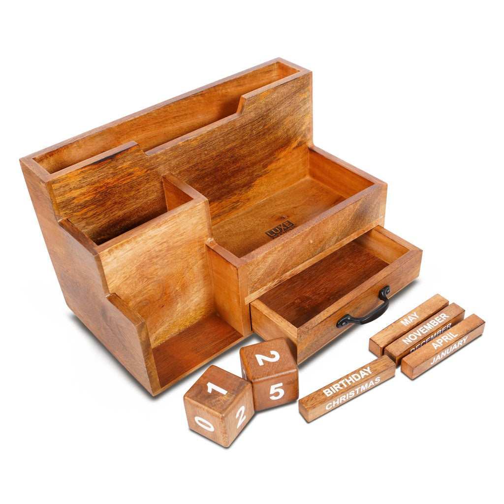 Rustic Wooden Desk Organizer with Calendar and Storage Drawer