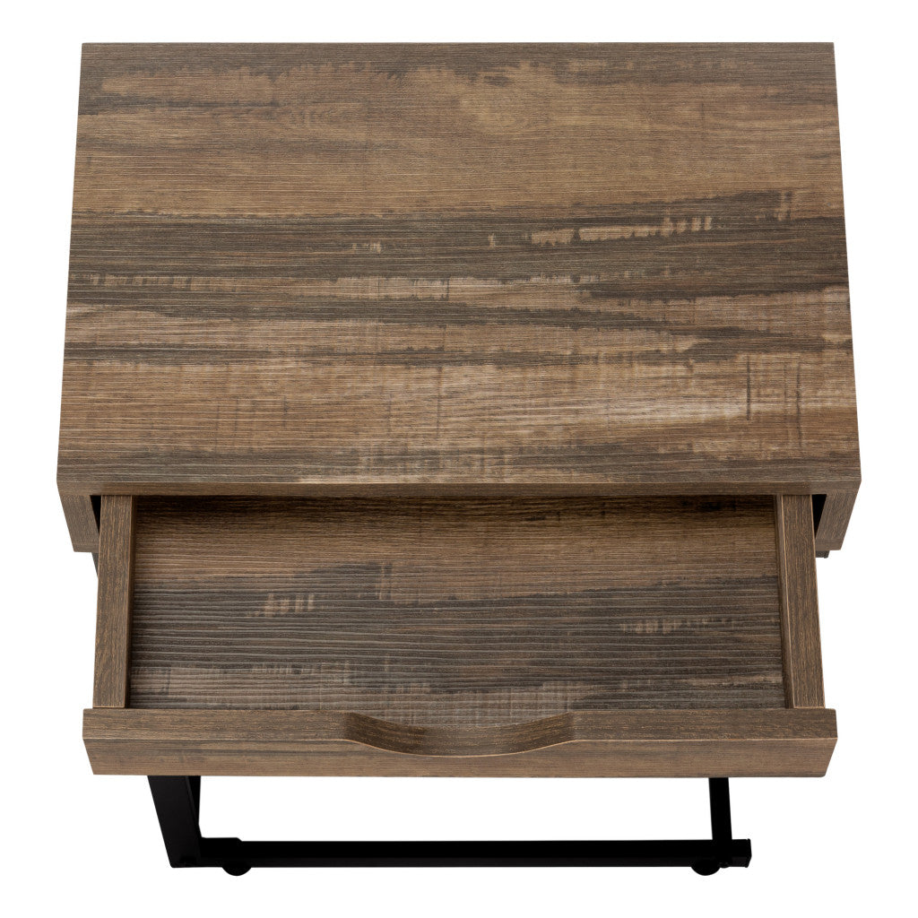 Modern Rustic Wood C-Shape Accent Table with Drawer for Living Room, Bedroom, or Home Office