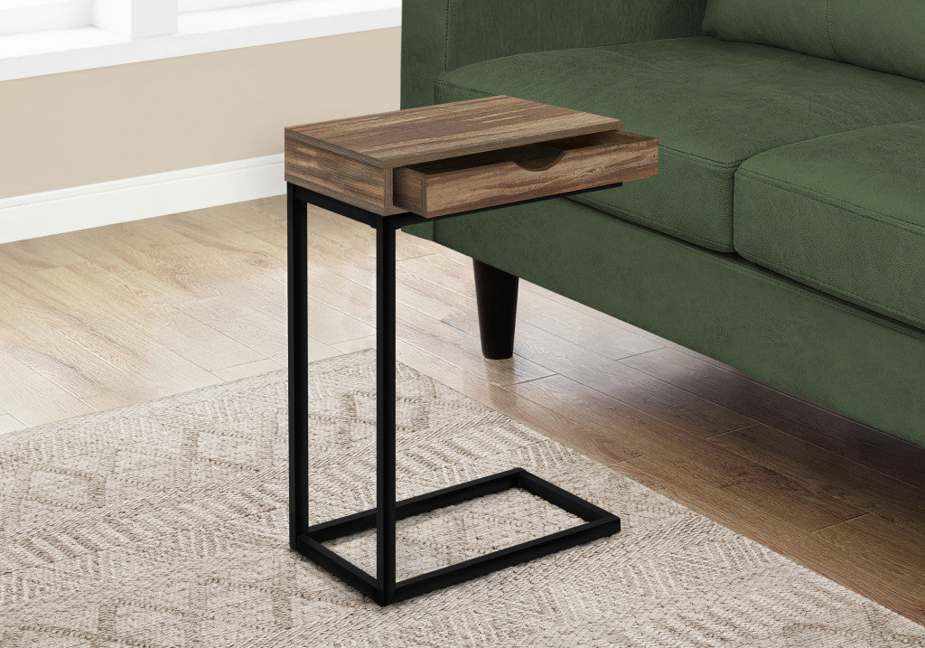 Modern Rustic Wood C-Shape Accent Table with Drawer for Living Room, Bedroom, or Home Office