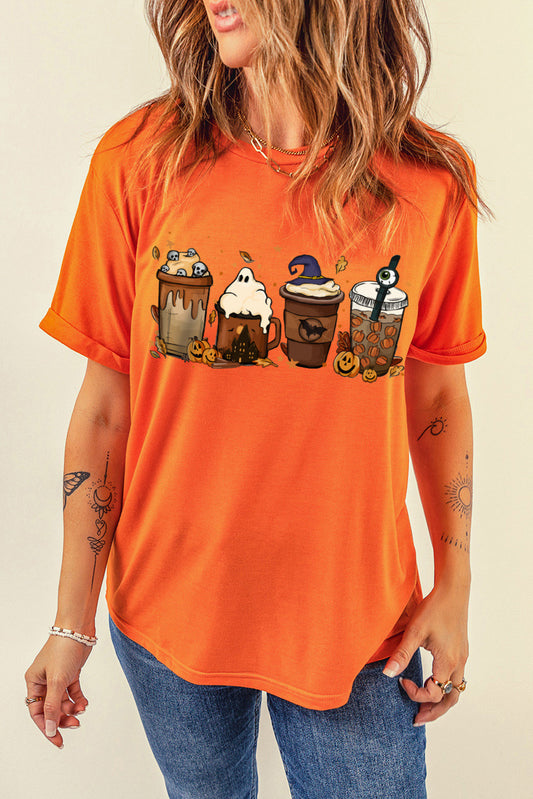 Coffee Halloween Theme Graphic Round Neck Short Sleeve T-Shirt