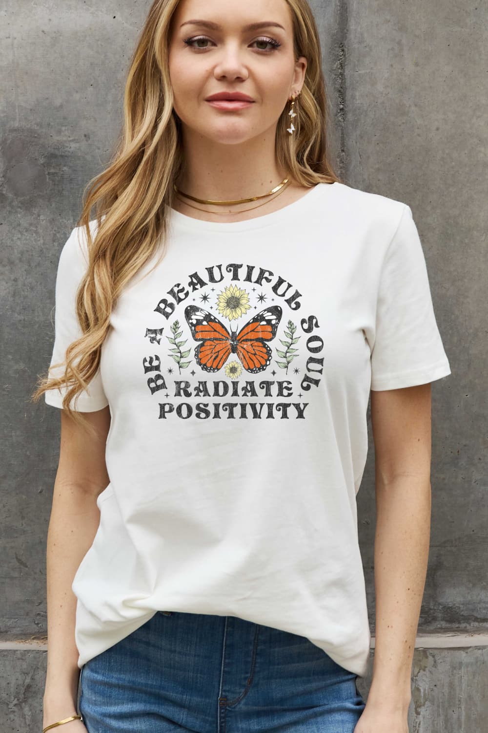 Be A Beautiful Soul Radiate Positivity Graphic Round Neck Short Sleeve T-Shirt