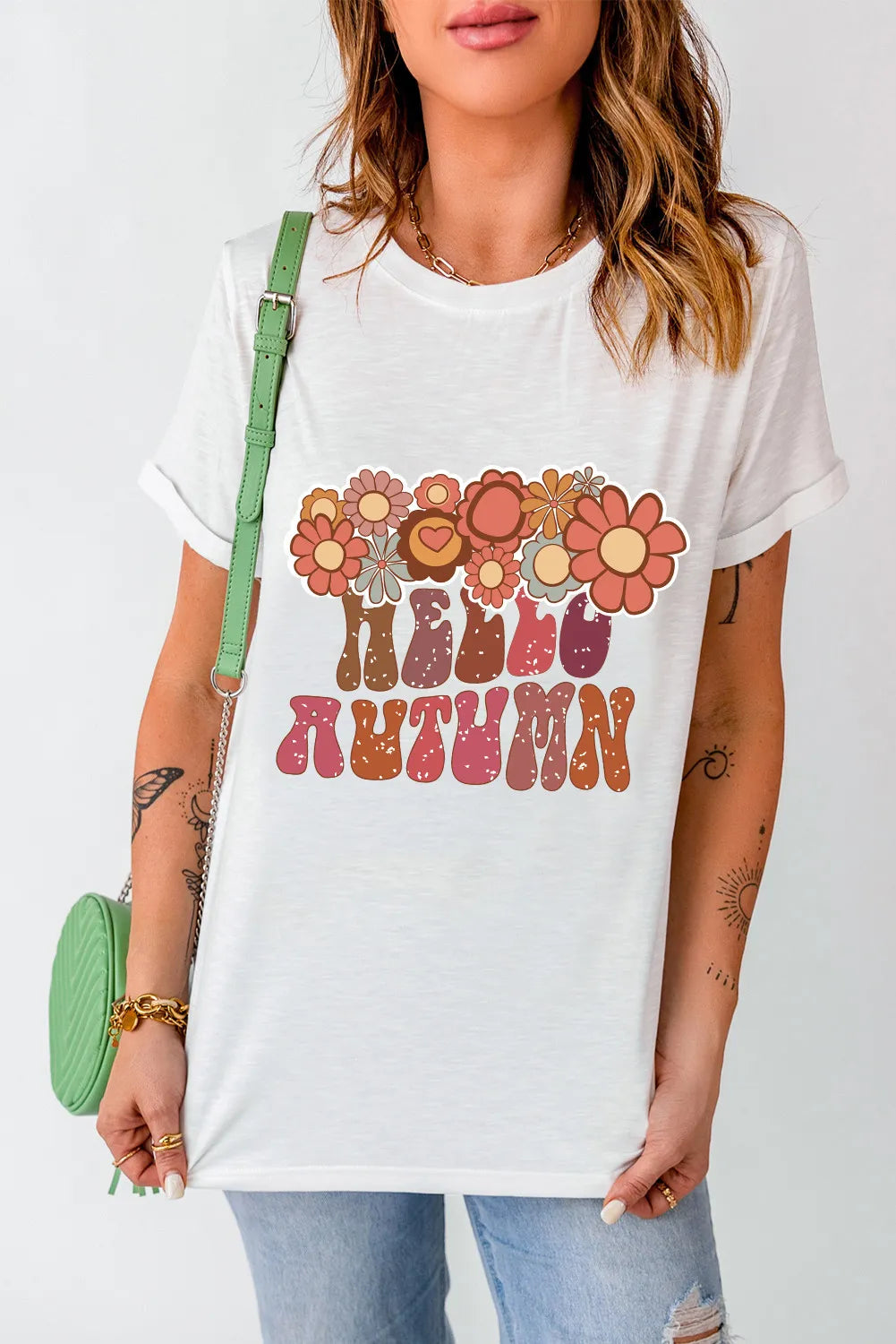 Hello Autumn Flower & Letter Graphic Round Neck Short Sleeve T-Shirt