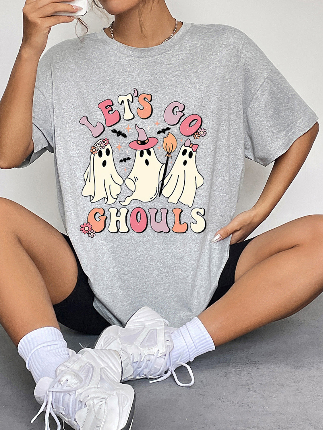 Let's Go Ghouls Graphic Round Neck Short Sleeve T-Shirt