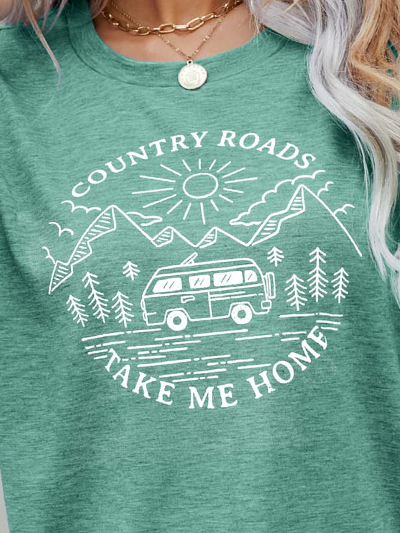 Country Roads Take Me Home Graphic Round Neck Short Sleeve T-Shirt