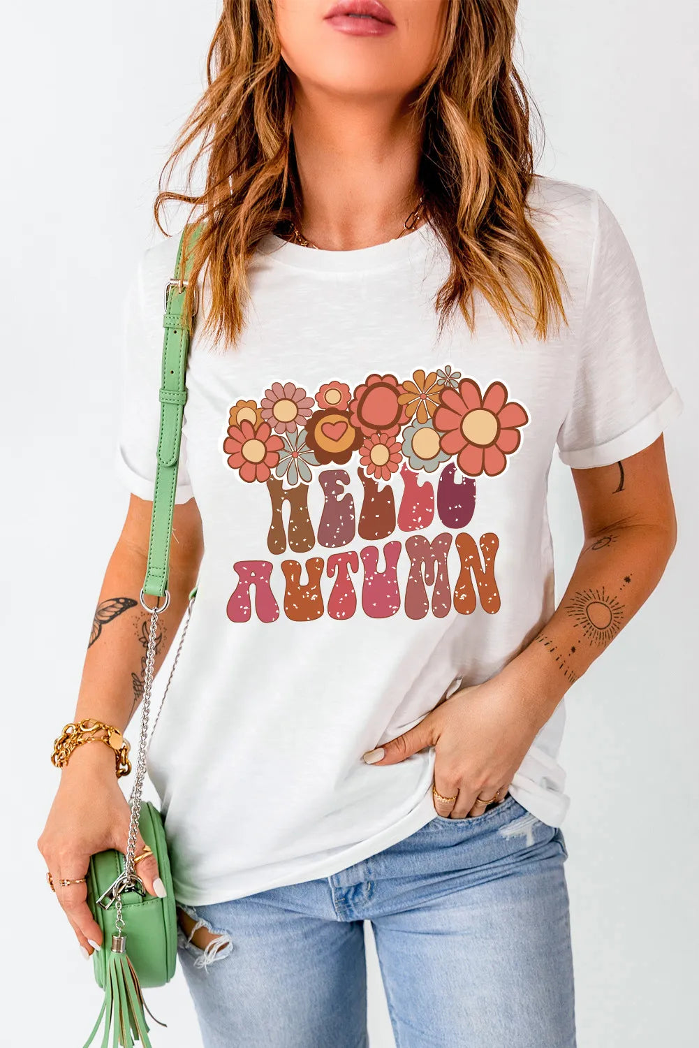 Hello Autumn Flower & Letter Graphic Round Neck Short Sleeve T-Shirt