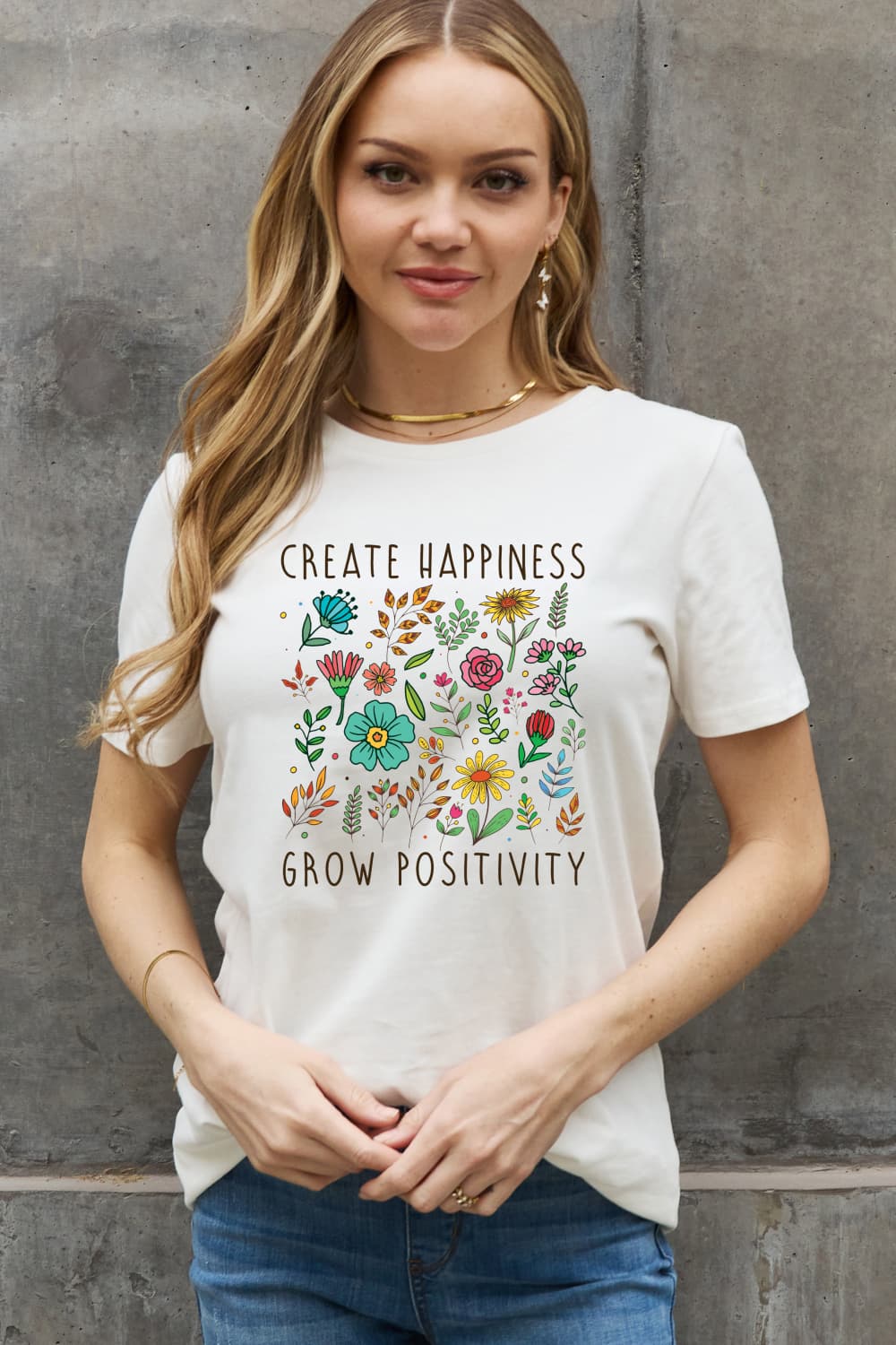 Create Happiness Grow Positivity Graphic Round Neck Short Sleeve T-Shirt