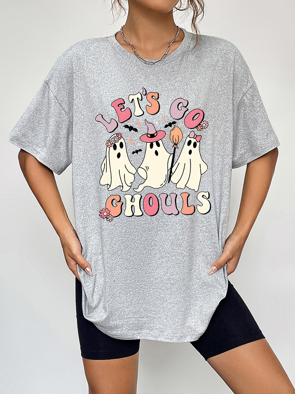 Let's Go Ghouls Graphic Round Neck Short Sleeve T-Shirt