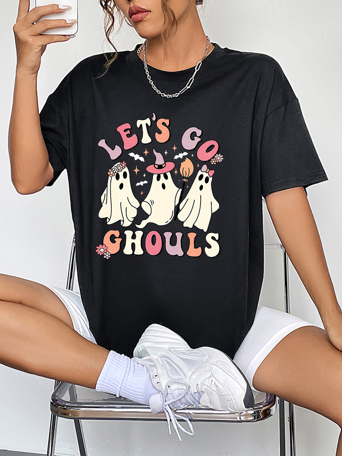 Let's Go Ghouls Graphic Round Neck Short Sleeve T-Shirt