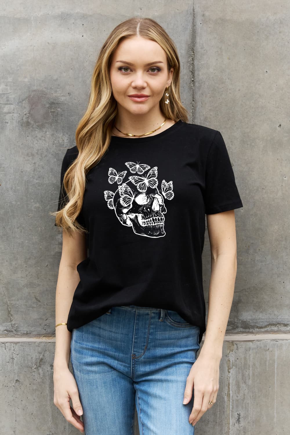 Butterflies Skull Graphic Round Neck Short Sleeve T-Shirt