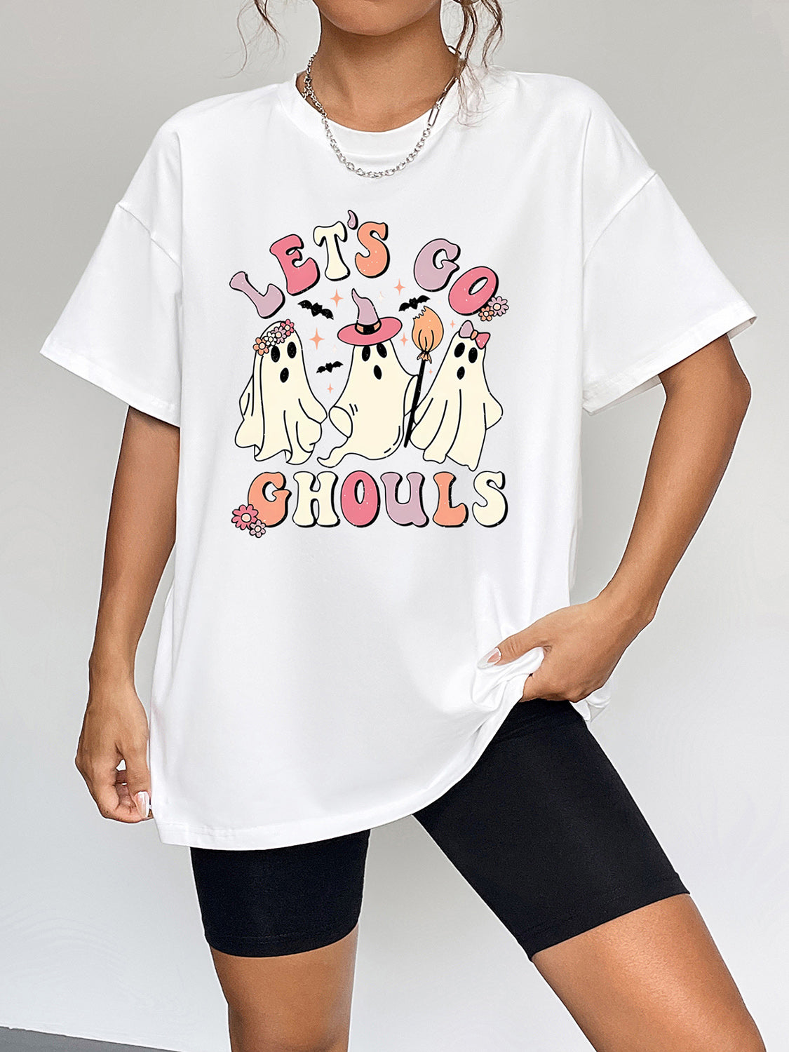 Let's Go Ghouls Graphic Round Neck Short Sleeve T-Shirt