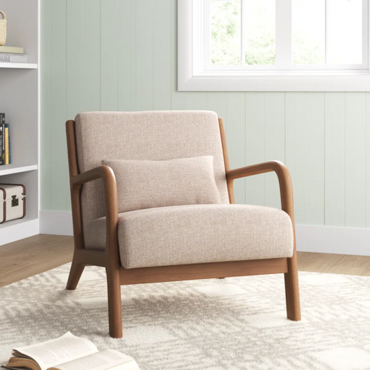 Coastal Mid-Century Modern Upholstered Linen Blend Accent Chair with Wooden Legs and Toss Pillow