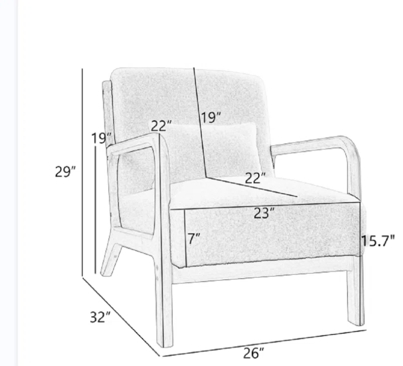 Coastal Mid-Century Modern Upholstered Linen Blend Accent Chair with Wooden Legs and Toss Pillow