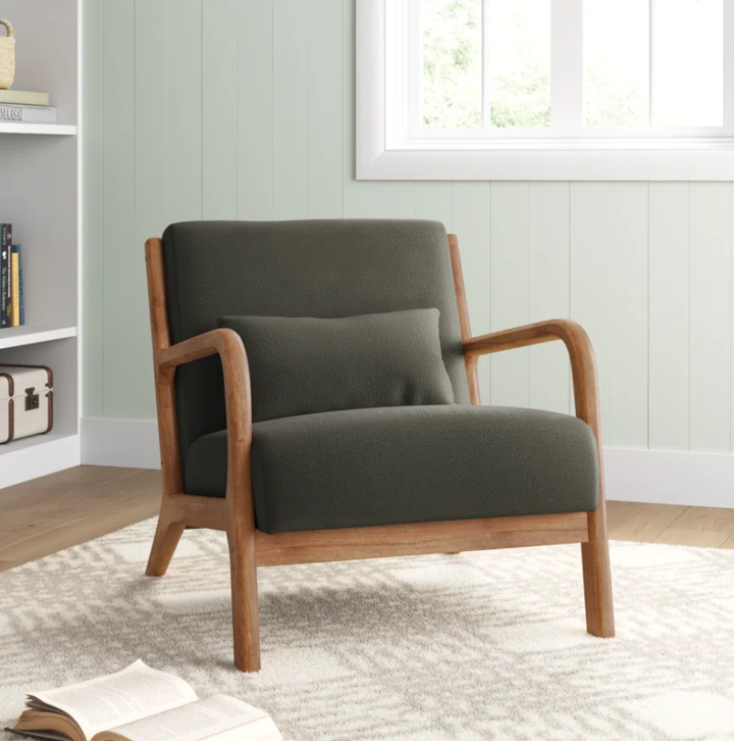 Coastal Mid-Century Modern Upholstered Linen Blend Accent Chair with Wooden Legs and Toss Pillow