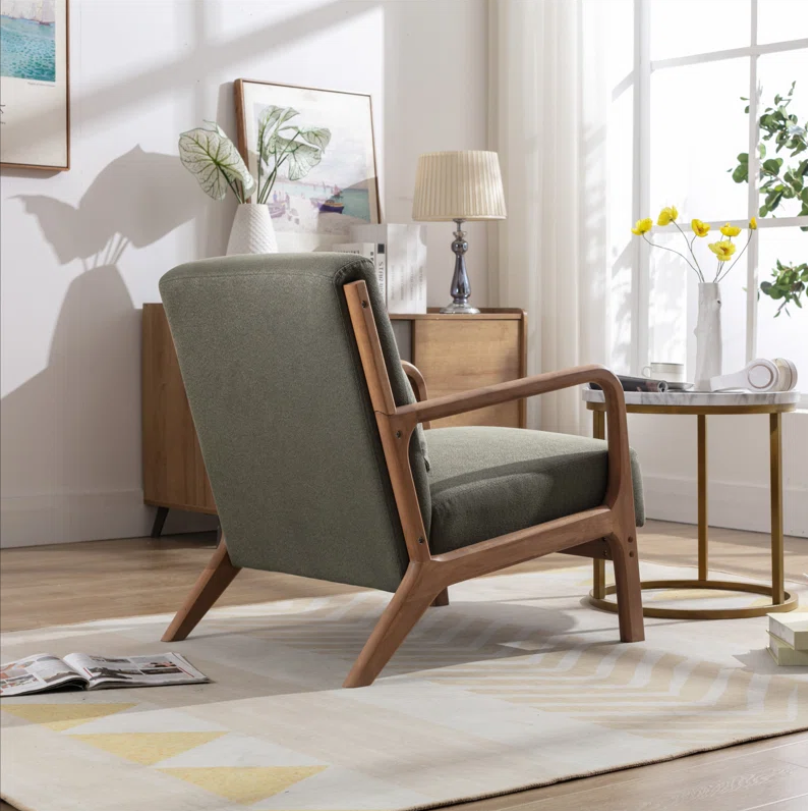 Coastal Mid-Century Modern Upholstered Linen Blend Accent Chair with Wooden Legs and Toss Pillow