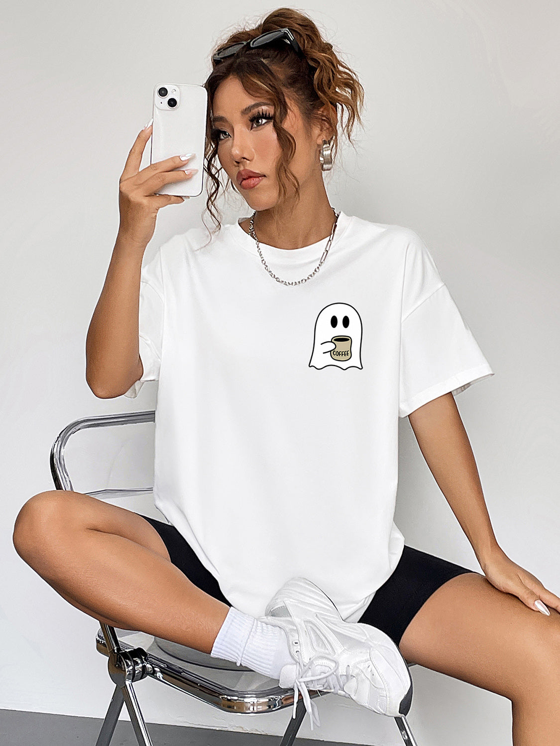 Ghost Graphic Round Neck Short Sleeve T-Shirt