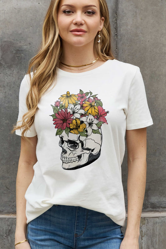 Flower Skull Graphic Round Neck Short Sleeve T-Shirt