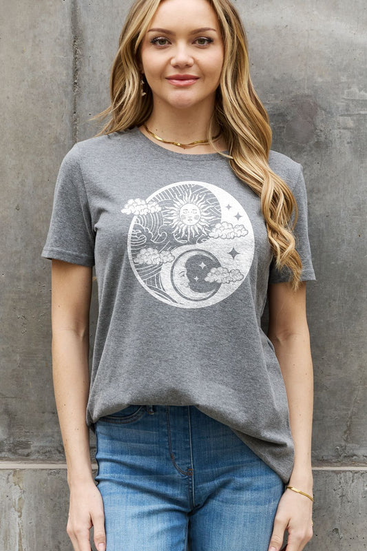 Sun and Moon Graphic Round Neck Short Sleeve T-Shirt