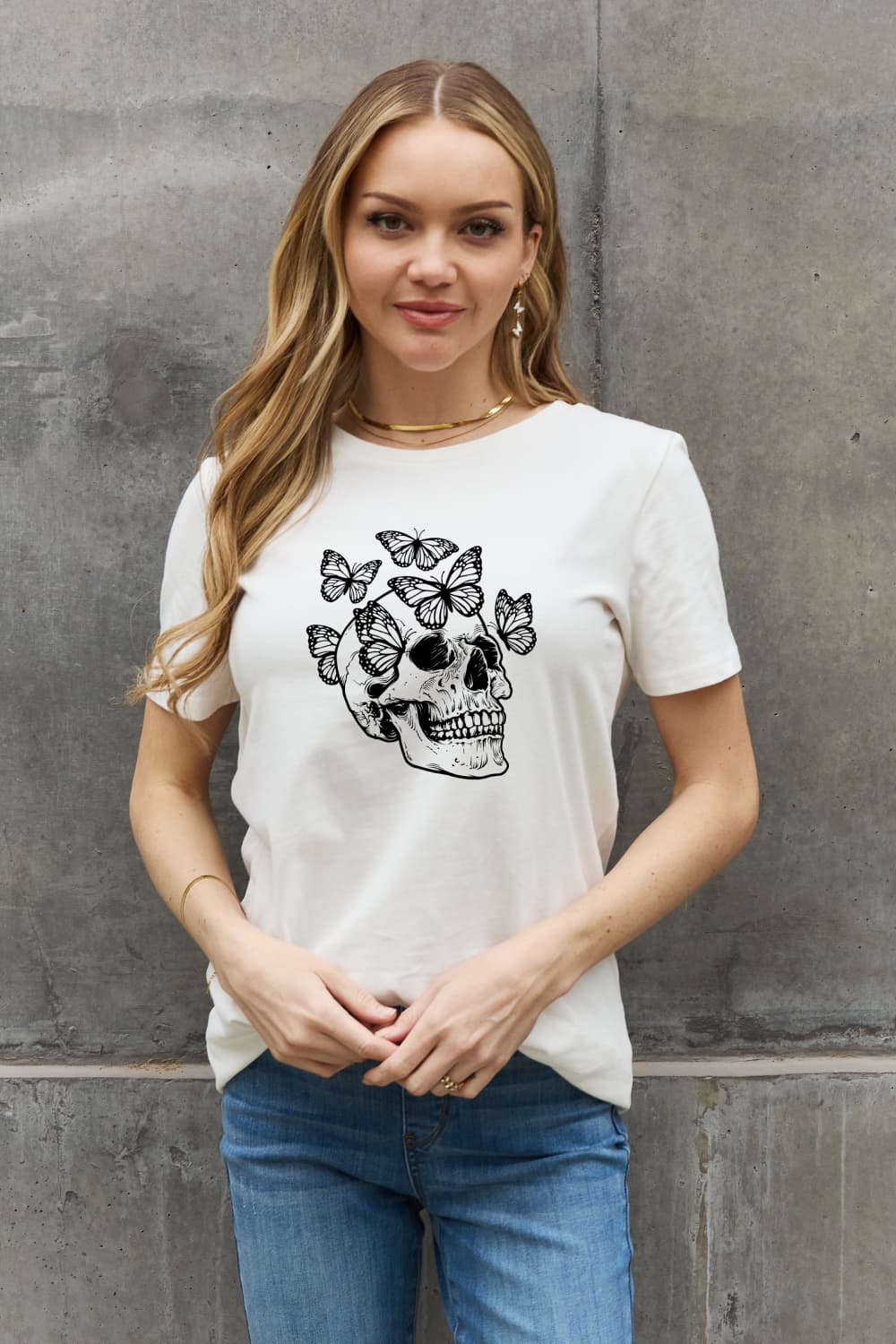 Butterflies Skull Graphic Round Neck Short Sleeve T-Shirt