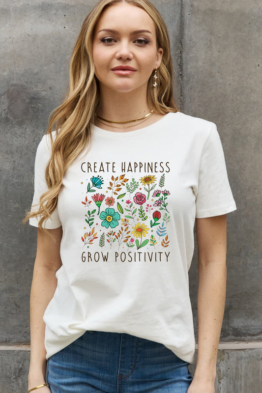 Create Happiness Grow Positivity Graphic Round Neck Short Sleeve T-Shirt