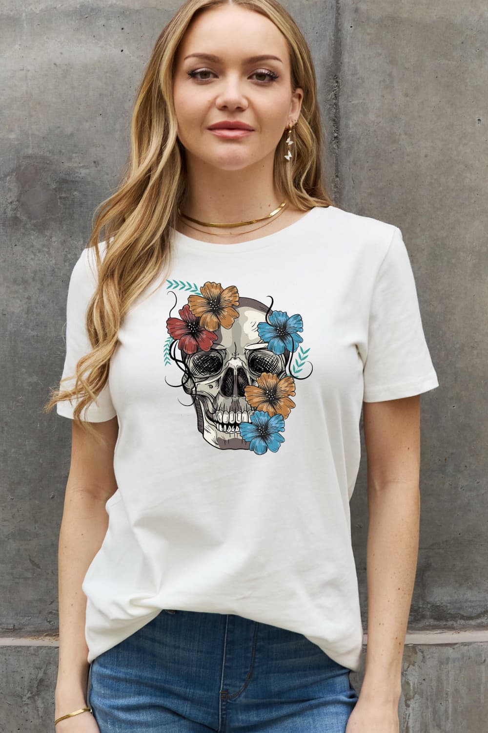 Flower Skull Graphic Round Neck Short Sleeve T-Shirt