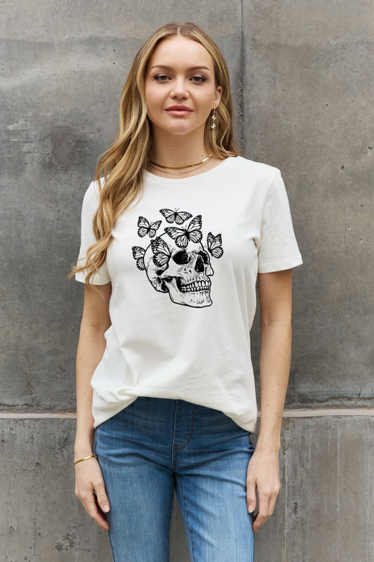 Butterflies Skull Graphic Round Neck Short Sleeve T-Shirt