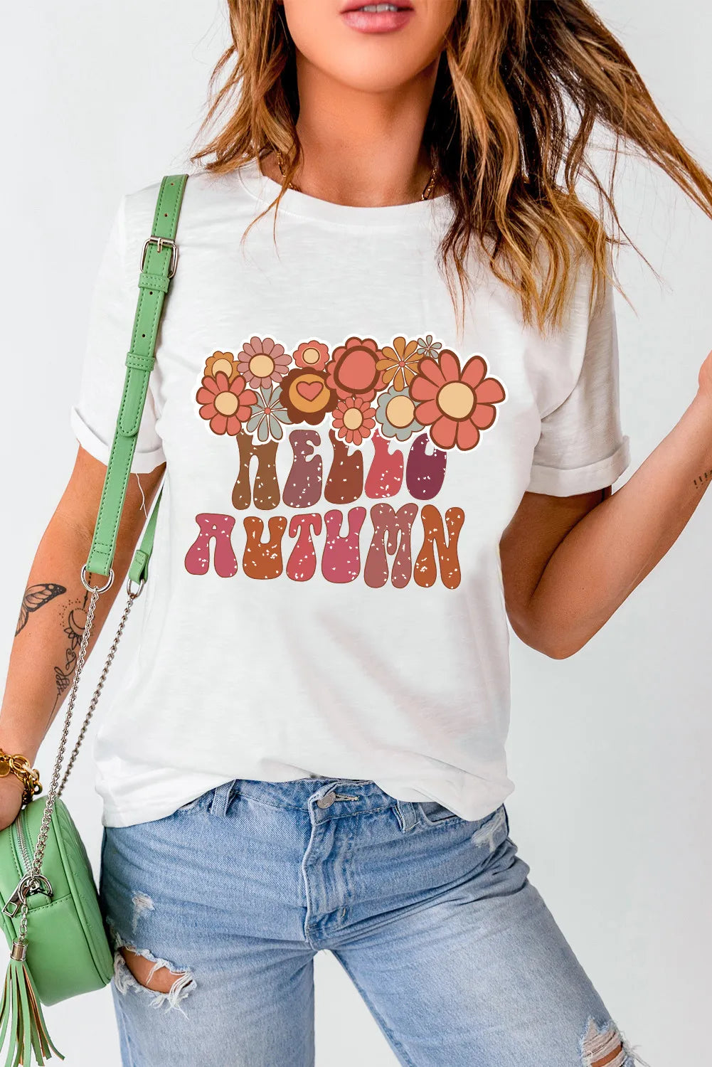 Hello Autumn Flower & Letter Graphic Round Neck Short Sleeve T-Shirt