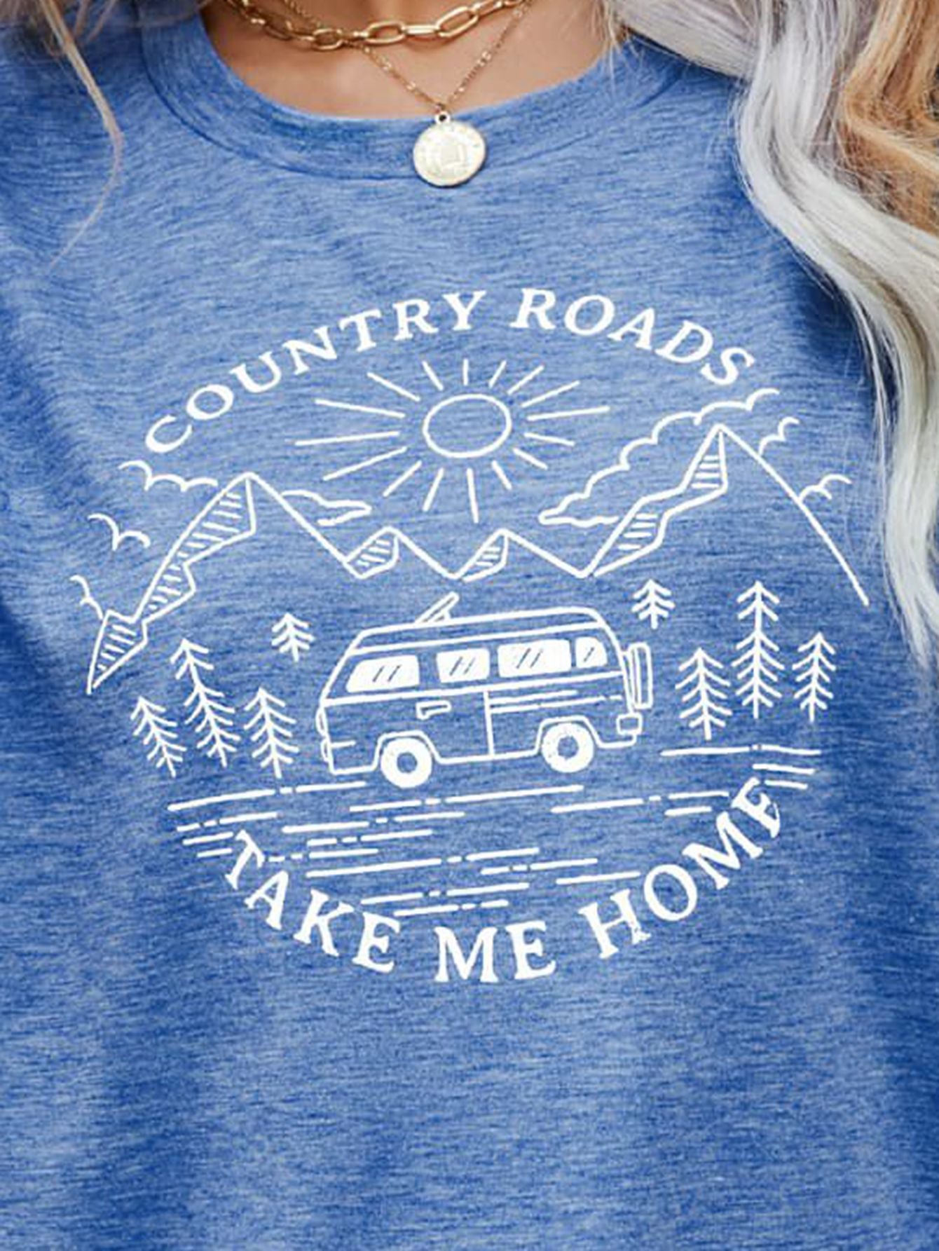 Country Roads Take Me Home Graphic Round Neck Short Sleeve T-Shirt