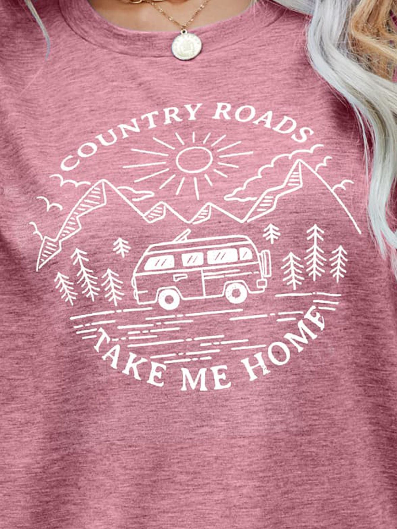 Country Roads Take Me Home Graphic Round Neck Short Sleeve T-Shirt