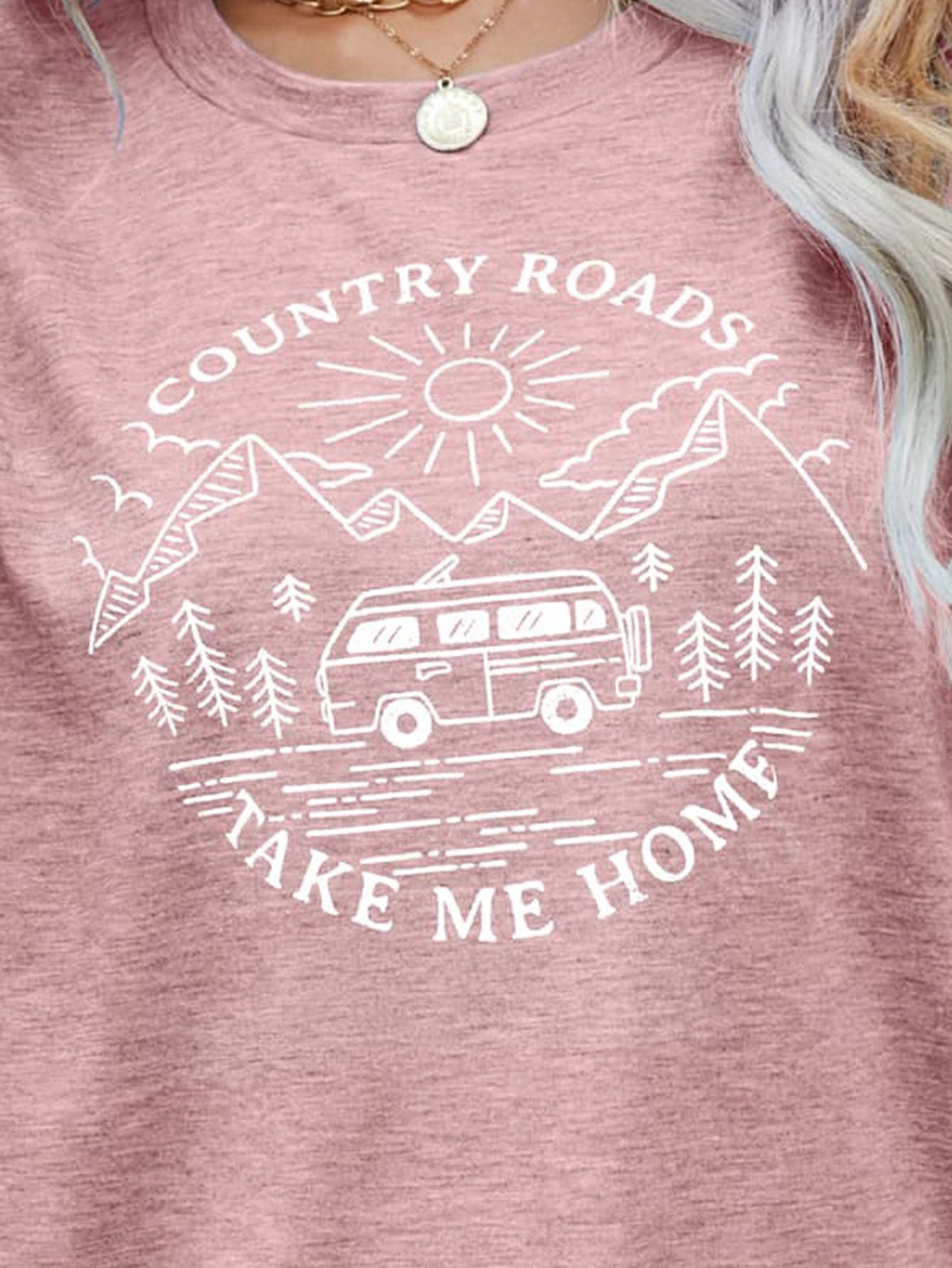 Country Roads Take Me Home Graphic Round Neck Short Sleeve T-Shirt