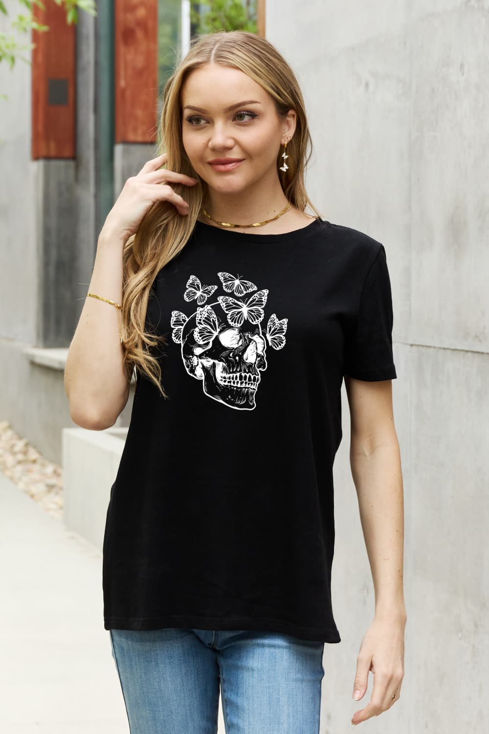 Butterflies Skull Graphic Round Neck Short Sleeve T-Shirt